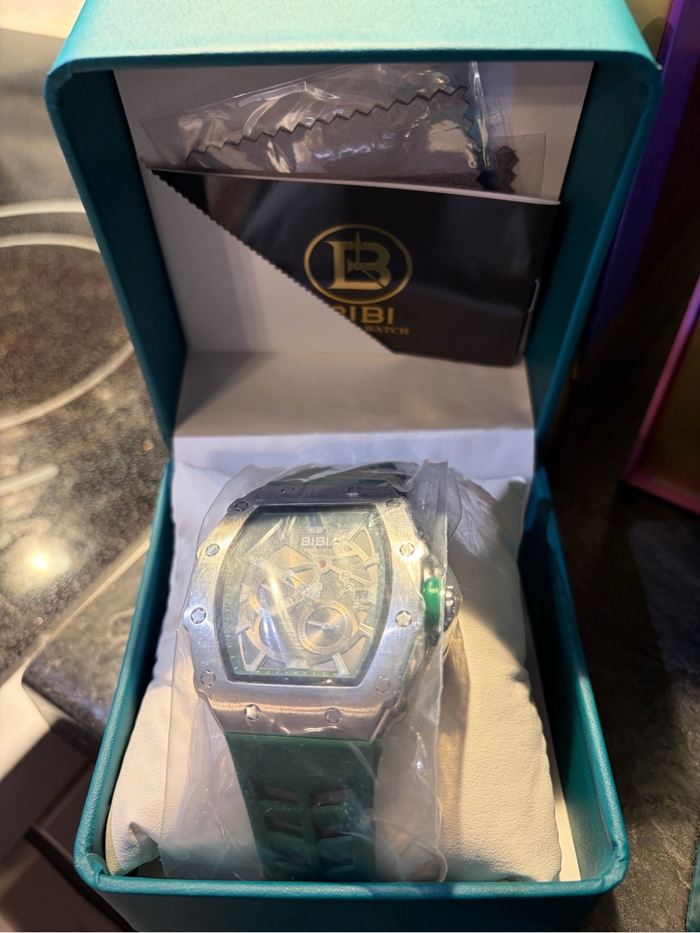 BiBi Green Strap Silver-Tone Case Skeleton Dial Watch